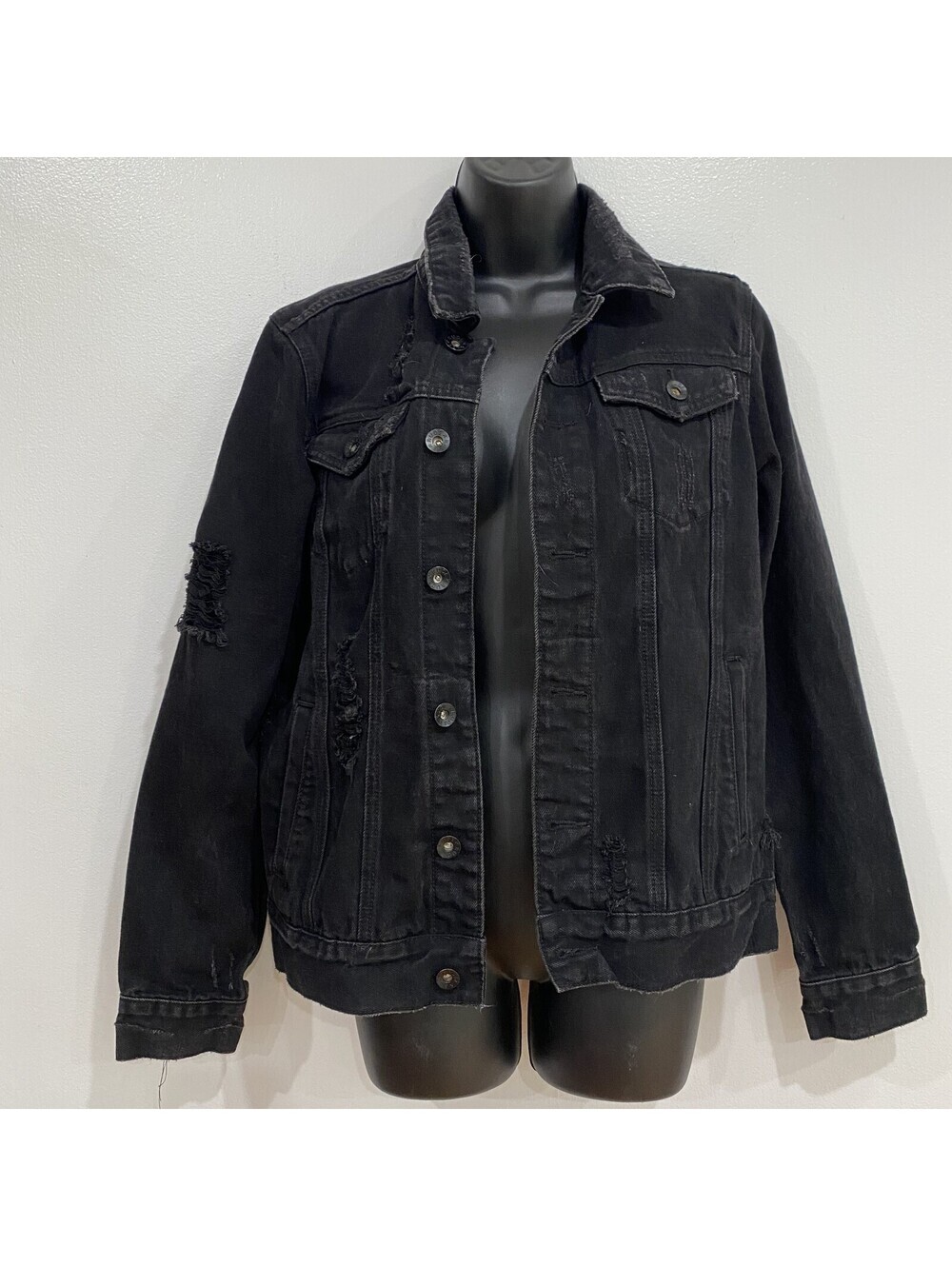 XXX RUDE Black Denim Jacket Size XS Distressed Goth Punk Grunge Emo Thrashed Y2K